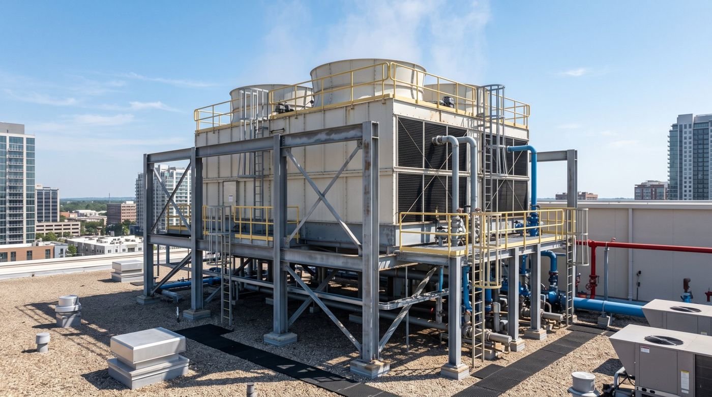 Cooling tower installed on a commercial building roof